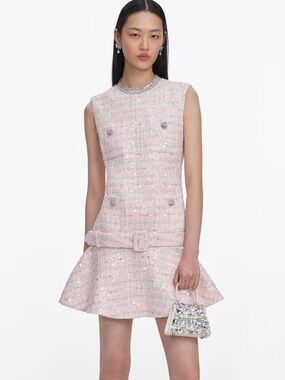 NWOT Self-Portrait PINK SEQUIN BOUCLE BELTED MINI DRESS